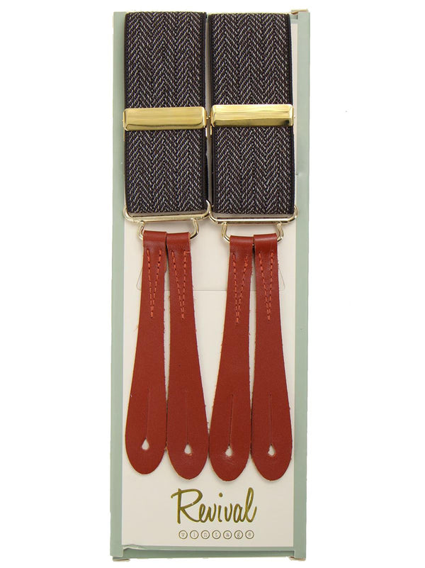 Brown Herringbone 1940s Style Braces with Leather Loops