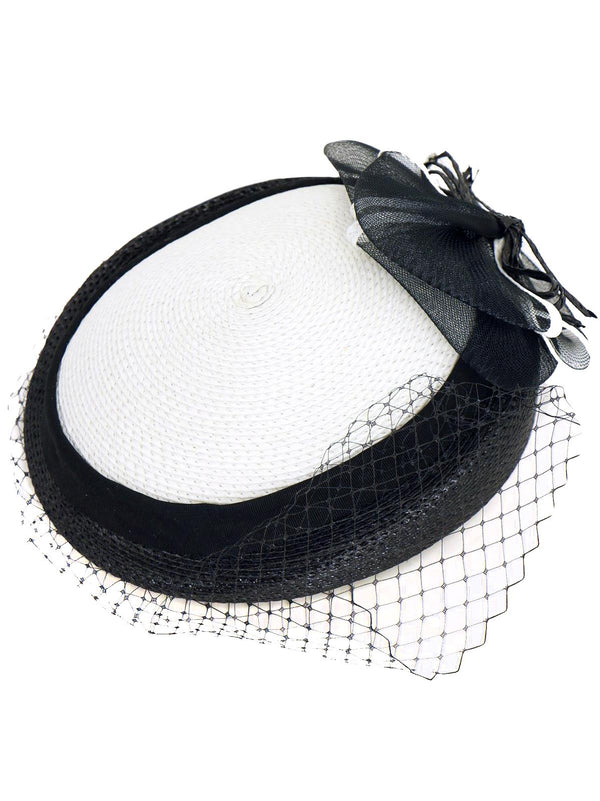 White & Black Straw Vintage Pillbox Hat