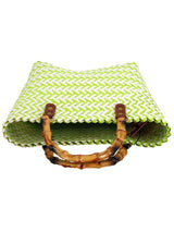 Green & White Straw Basket Bag with Bamboo Handle