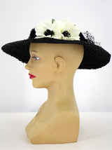 Vintage 1940s Black Raffia Hat with White Floral Decor