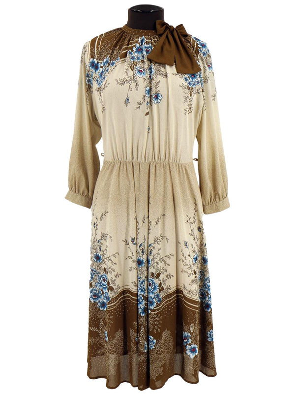 1970s Vintage Brown and Blue Floral Dress