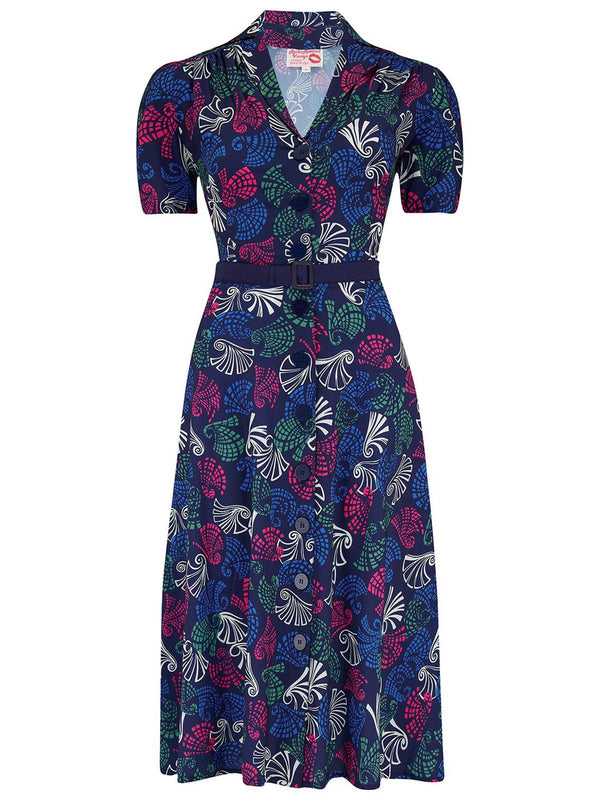 Vintage Style Blue Abstract Print Shirtwaister Dress