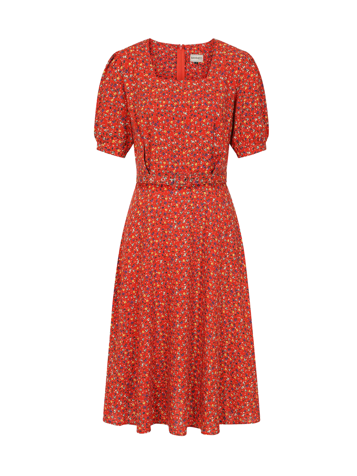 1940s Look Red Ditsy Floral Tea Dress