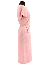 Pink Embroidered Linen 1940s Vintage Dress