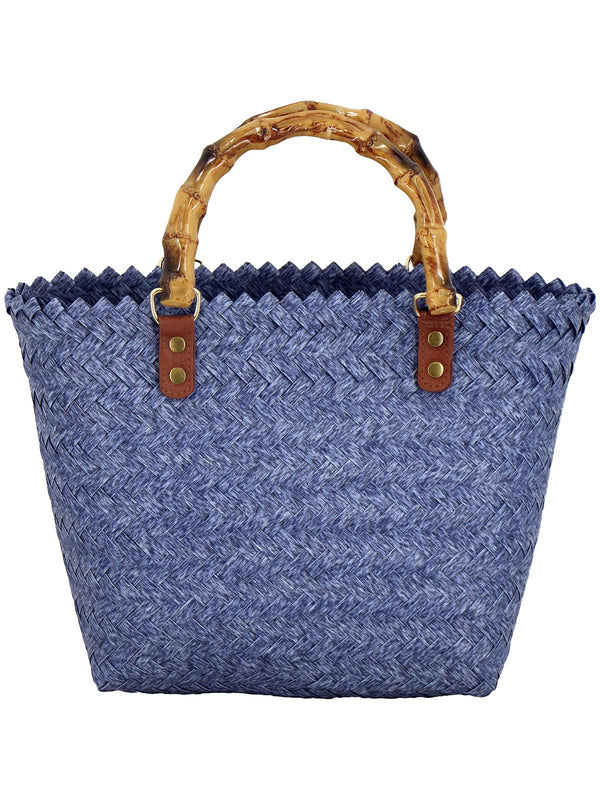 Blue Straw Basket Bag with Bamboo Handle