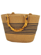 Striped Straw Basket Bag with Bamboo Handle