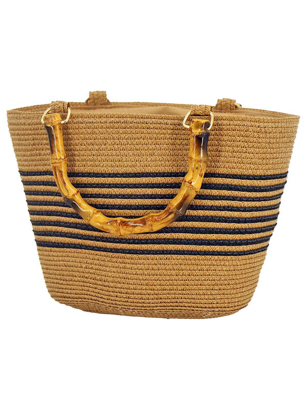 Striped Straw Basket Bag with Bamboo Handle