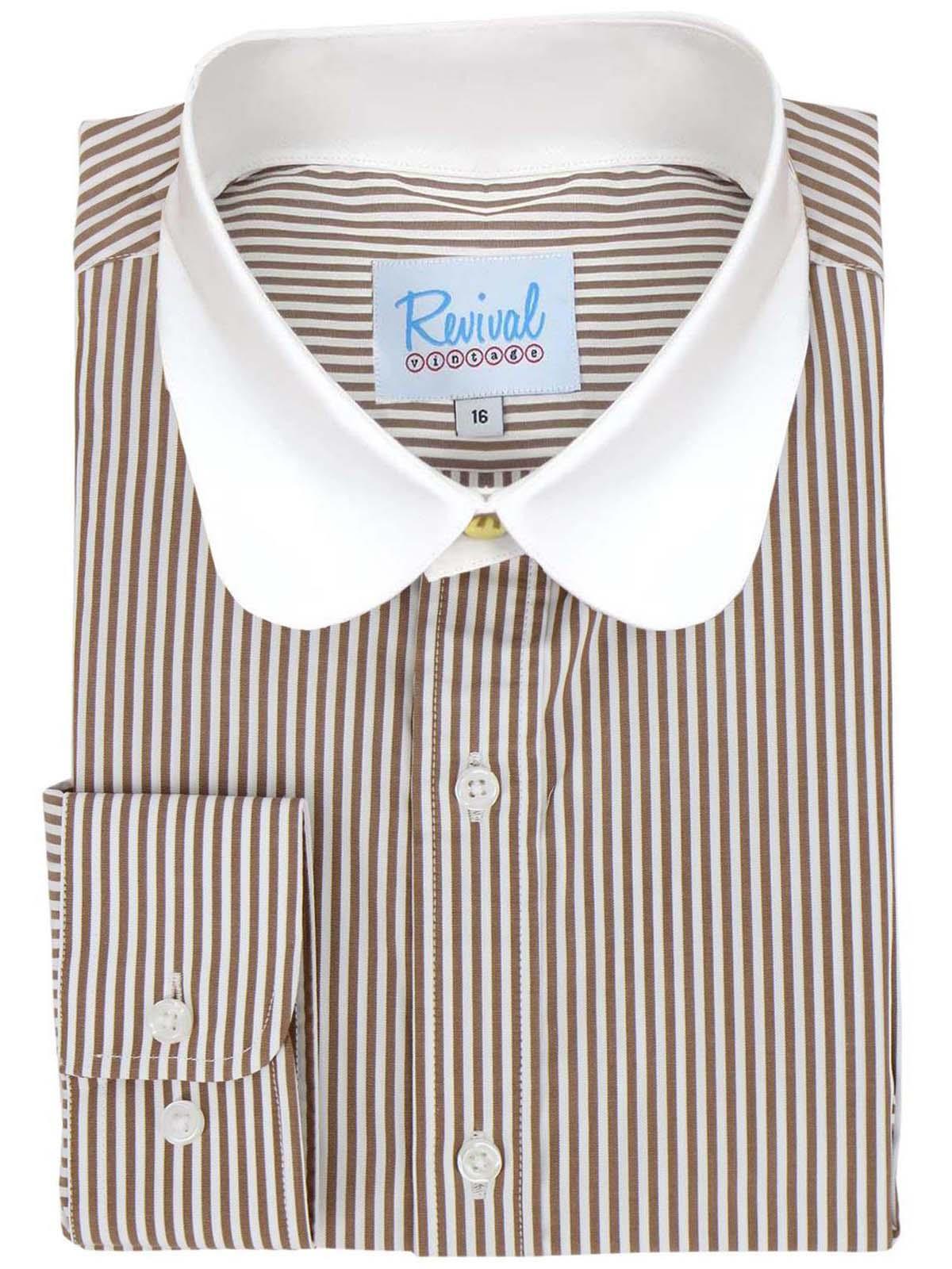 Cedar Brown Stripe Vintage Beaumont Club Collar Shirt with Gold