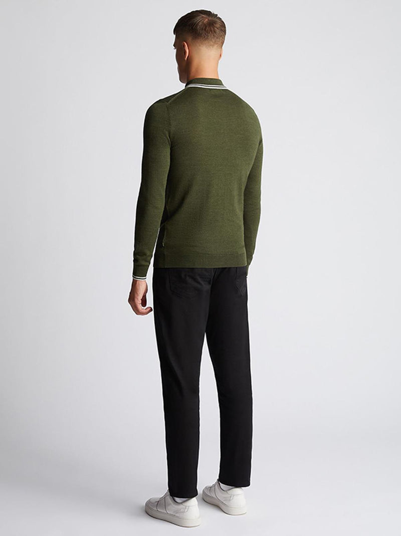 Green Merino Wool Long Sleeve Retro Knitted Polo