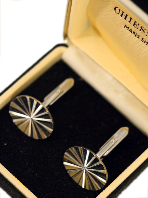 Vintage Silver Oval Diamond Cut Cufflinks