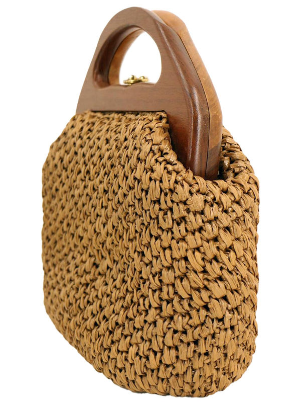 Brown Raffia Wooden Handle Vintage Grab Bag