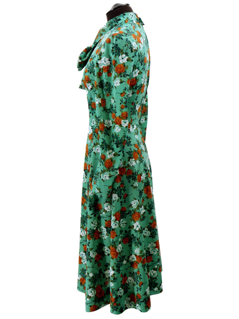 1960s Vintage Green Floral Pussybow Dress