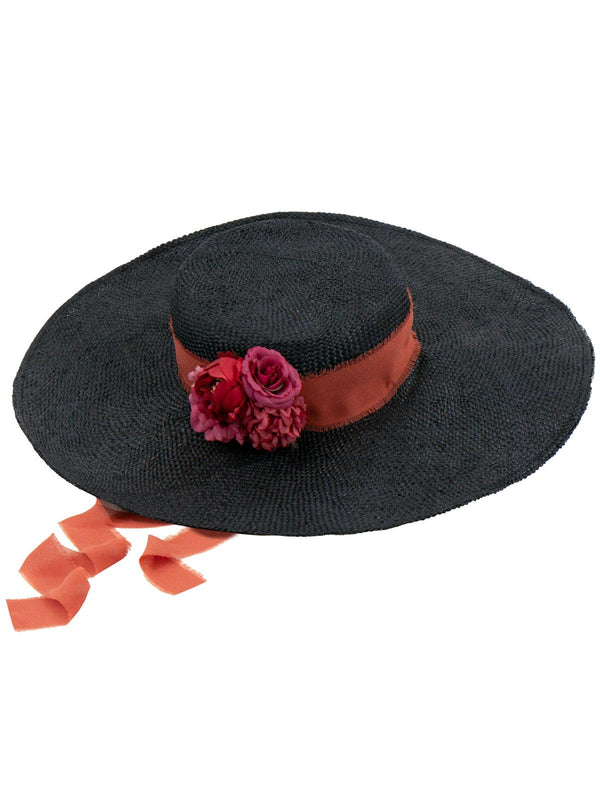 Black 1940s Straw Boater Picture Hat Floral Trim