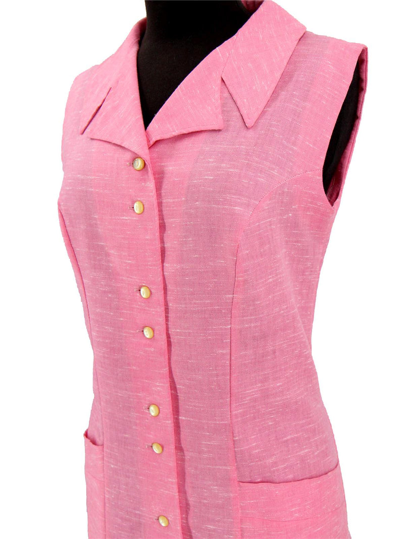 Pink 1960s Vintage Collared Linen Shift Dress