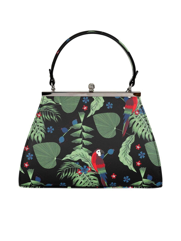 Tropical Parrot Pattern Black Frame Handbag