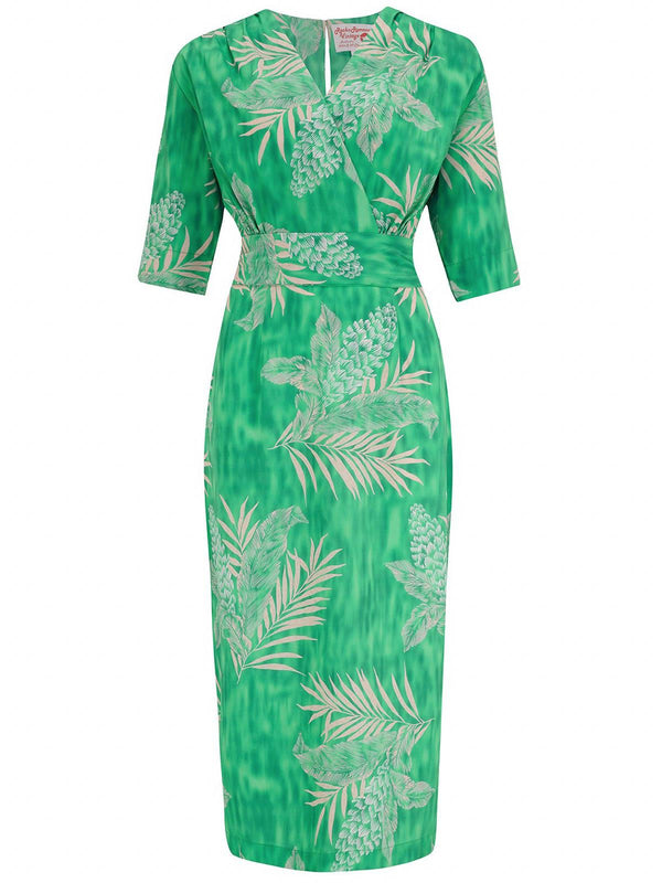 Vintage Style Green Palm Print Wiggle Dress