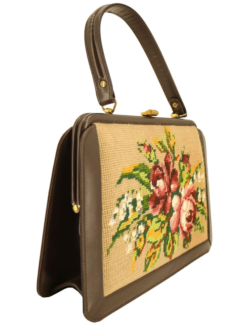 Brown Leather Vintage Handbag Petit Point Roses
