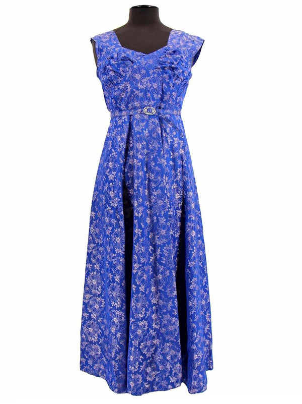 1950s Vintage Blue Damask Belted Evening Gown