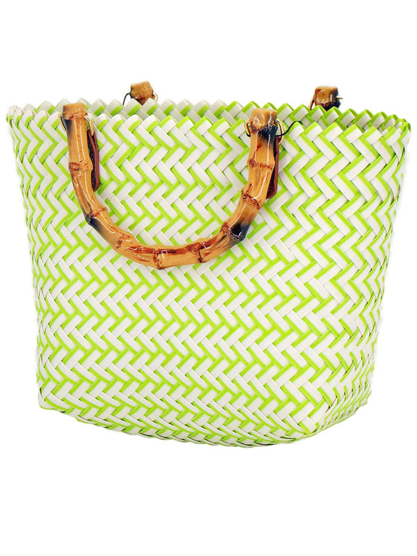 Green & White Straw Basket Bag with Bamboo Handle