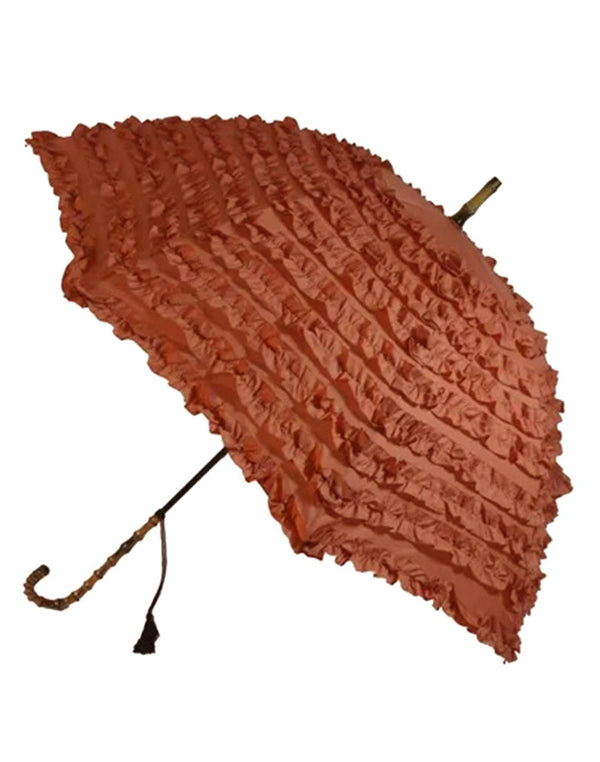Frilly Rust Vintage Style Parasol Umbrella Bamboo Handle