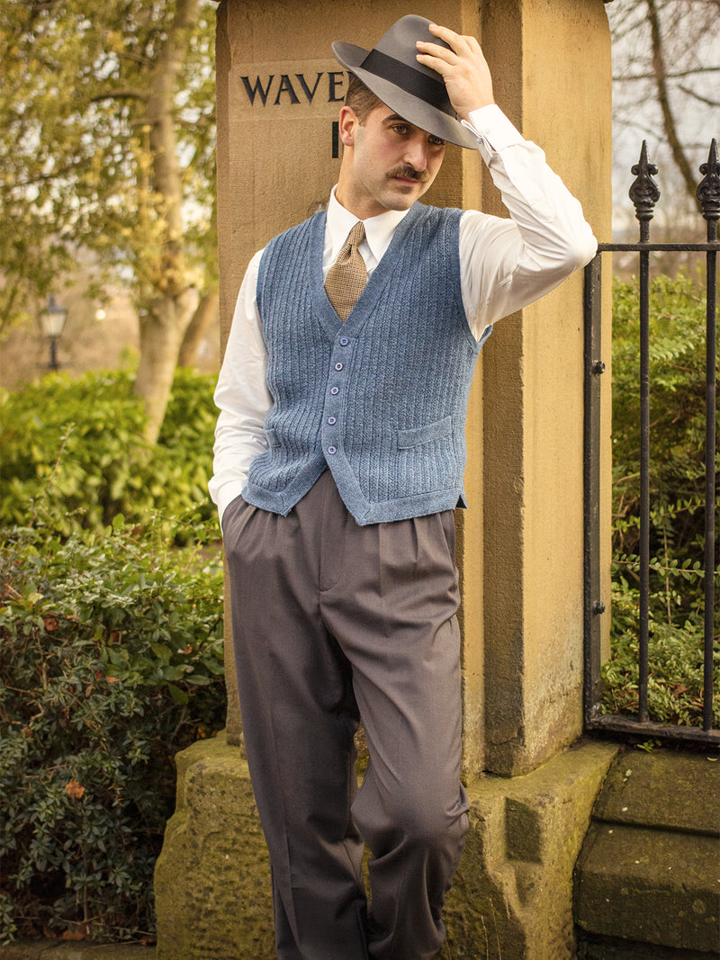 1940s Style Rufus Knitted Waistcoat in Blue