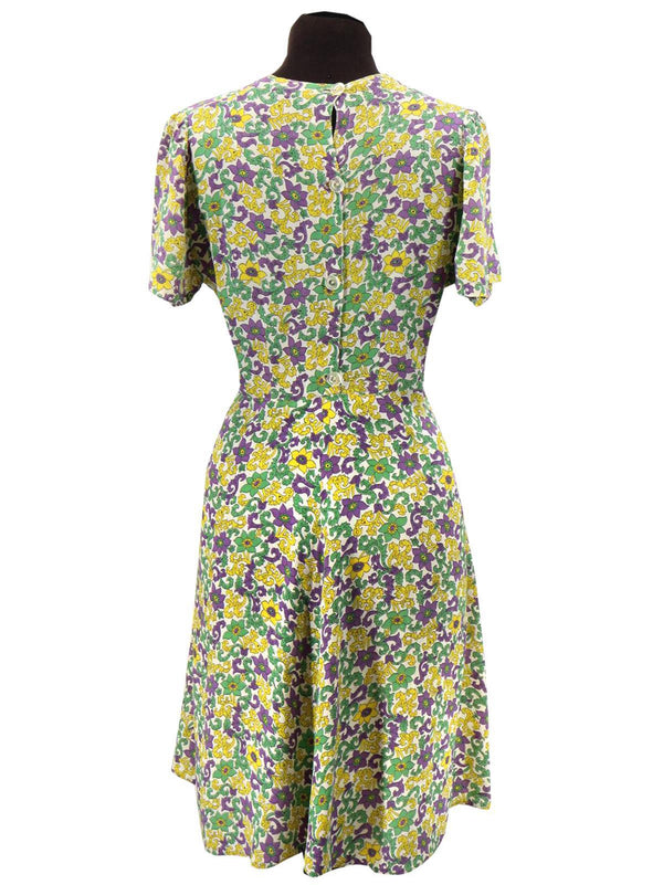 Purple & Yellow Floral 1940s Vintage Crepe Dress