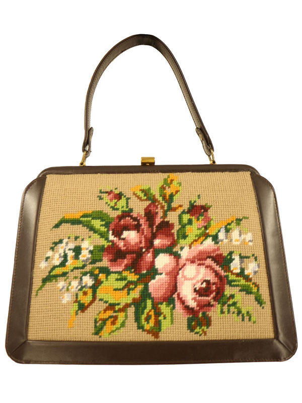 Brown Leather Vintage Handbag Petit Point Roses
