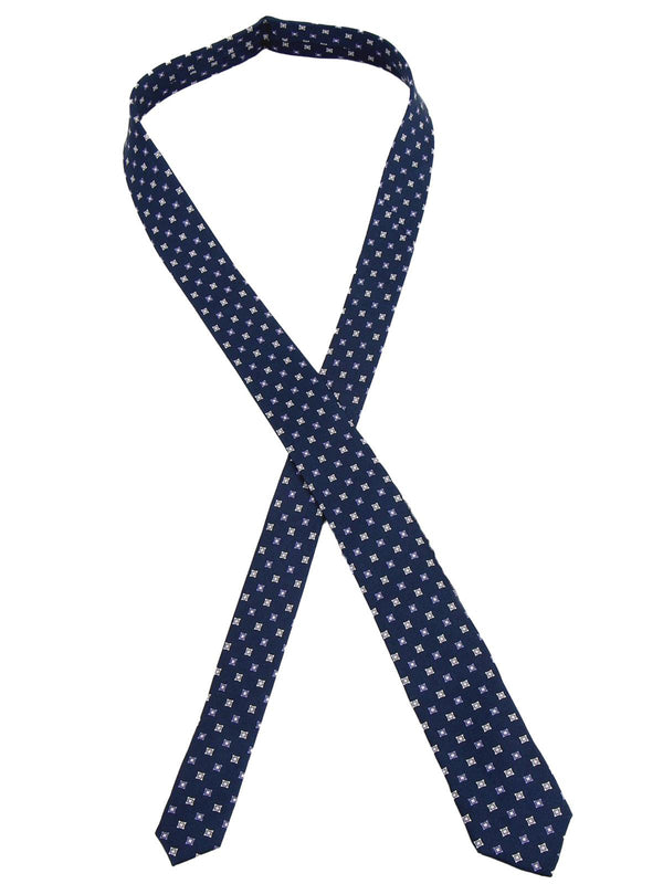 Navy Blue Printed Pure Silk Skinny Tie