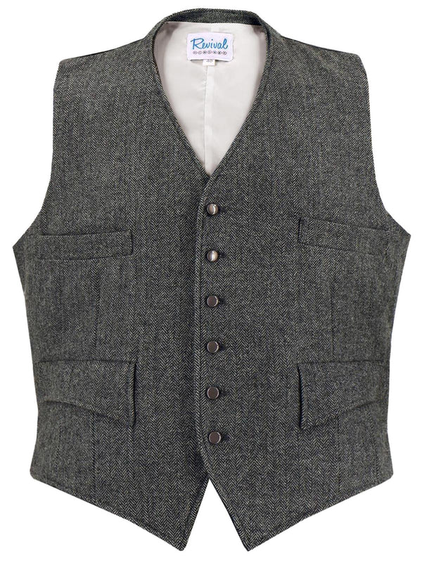 1940s Vintage Granville Herringbone Wool Waistcoat in Grey