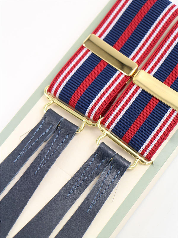 Red & Blue Stripe Button Braces with Blue Leather Loops