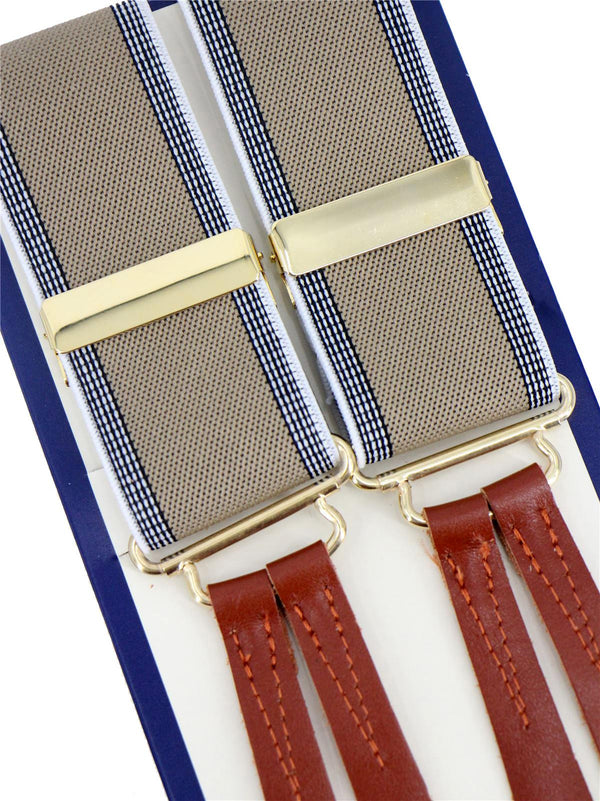Khaki Border Stripe 1940s Style Braces with Leather Loops