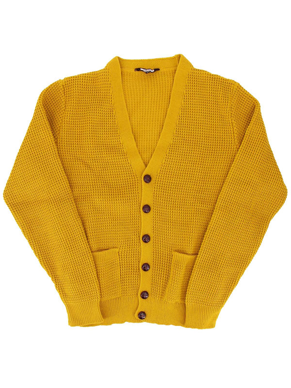 Mustard Yellow Waffle Knit V-Neck Vintage Style Cardigan