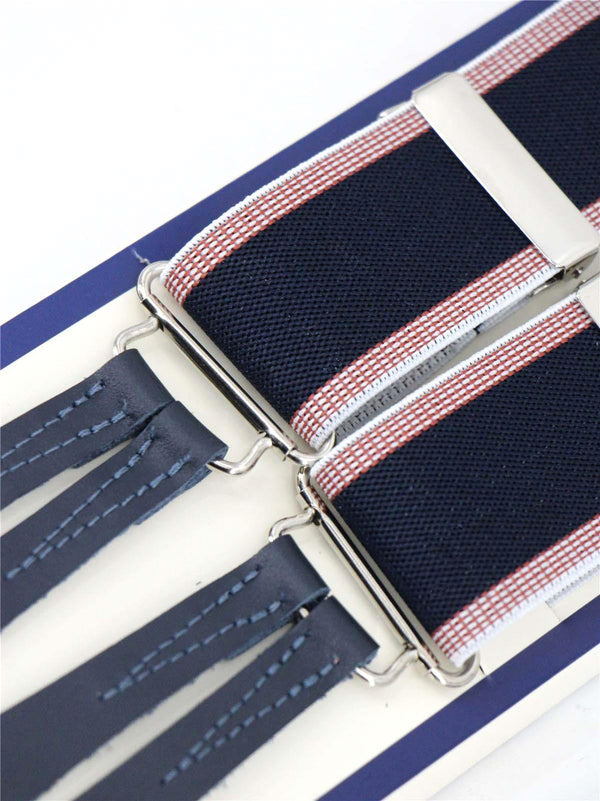 Navy Border Stripe 1940s Style Braces with Blue Leather Loops