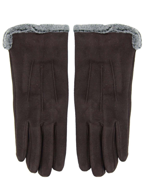 Brown Vintage Style Faux Suede Fur Trim Gloves