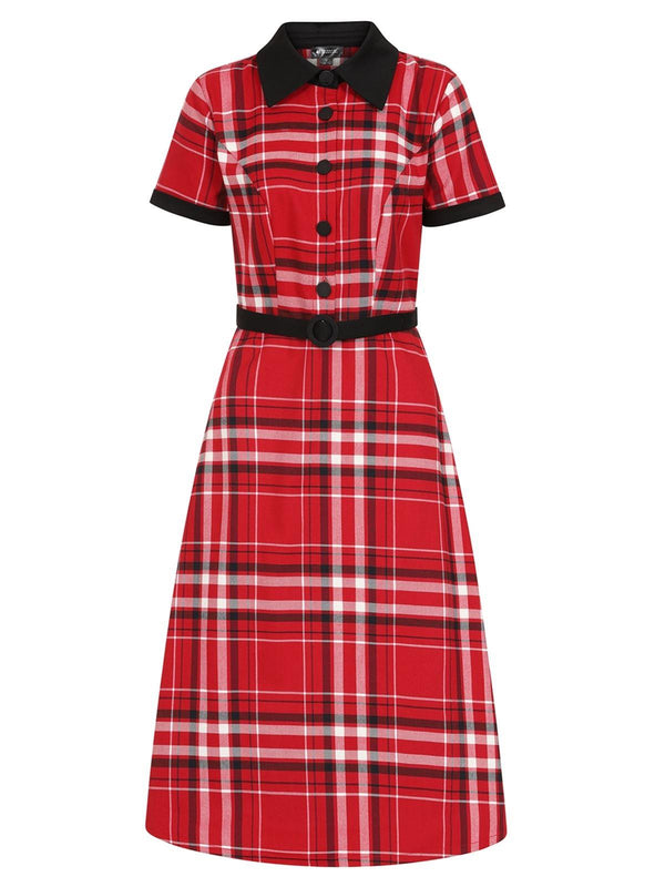 Red Check Vintage Style Contrast Collar A-Line Dress