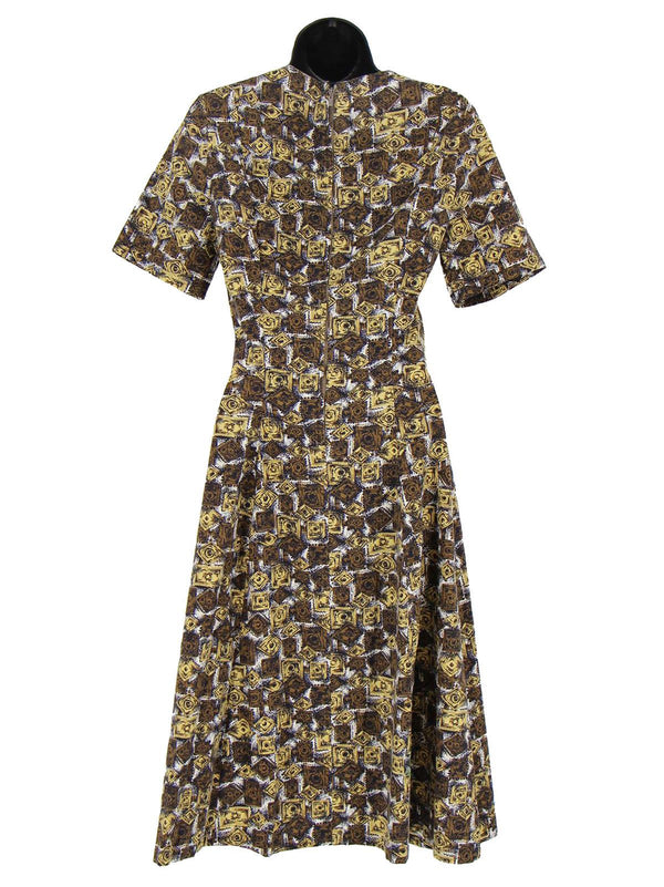 Brown Abstract Pattern 1950s Cotton Dress