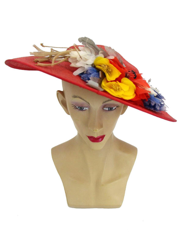 1940s Vintage Red Wide Brim Floral Hat