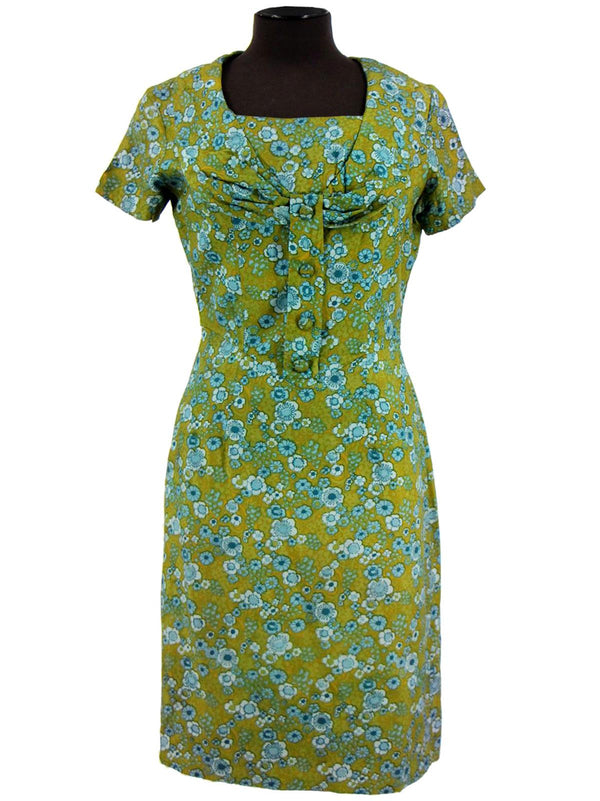Green Floral Tricel 1960s Vintage Dress