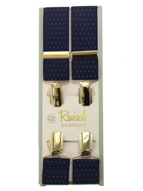 Vintage Style Navy Blue Pin Spot Braces with Gold Clips