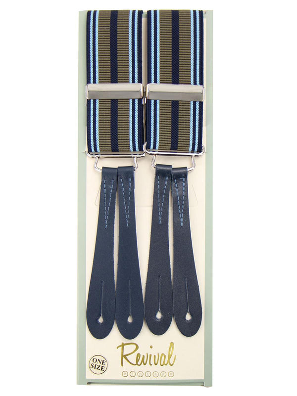 Khaki & Blue Stripe Button Braces with Blue Leather Loops