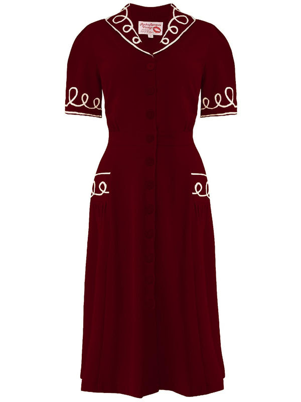 Vintage Style Wine Red Soutache Loop Decor Dress