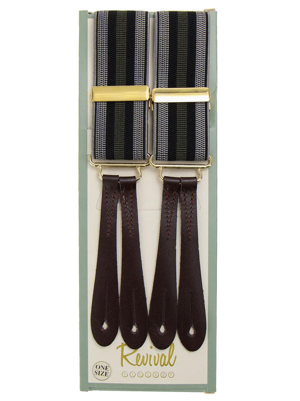 Khaki & Black Stripe Braces with Dark Brown Leather Loops