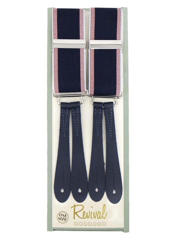 Navy Border Stripe 1940s Style Braces with Blue Leather Loops