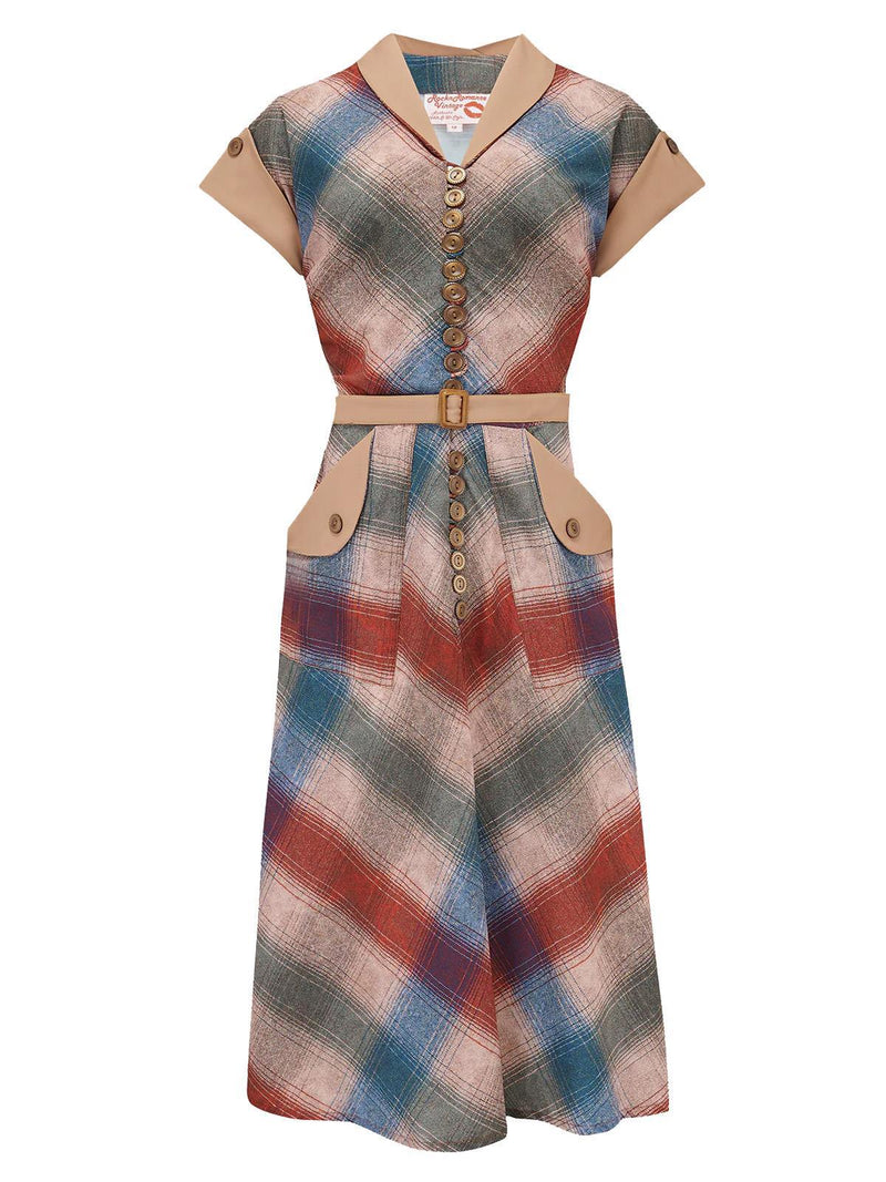 Vintage Style Muted Check Dress Contrast Detail