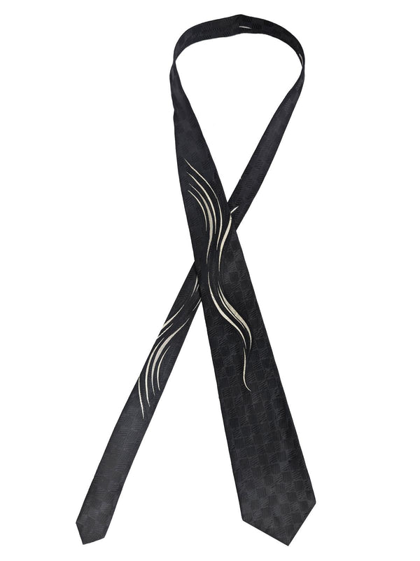 Black 50s Style Tie With Silver Wave Design