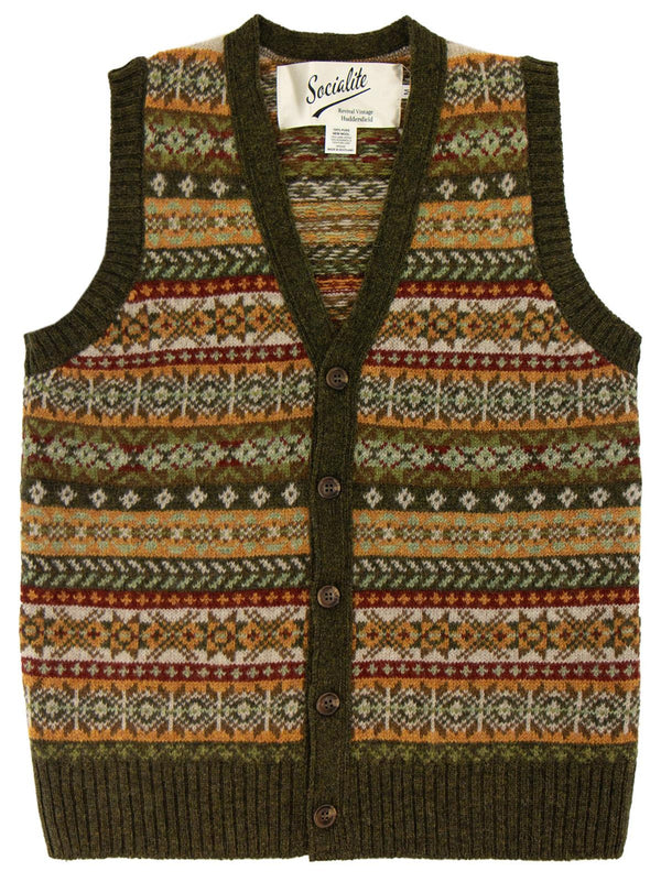 Scottish Wool Buttoned Fairisle Tank Top in Pine Green