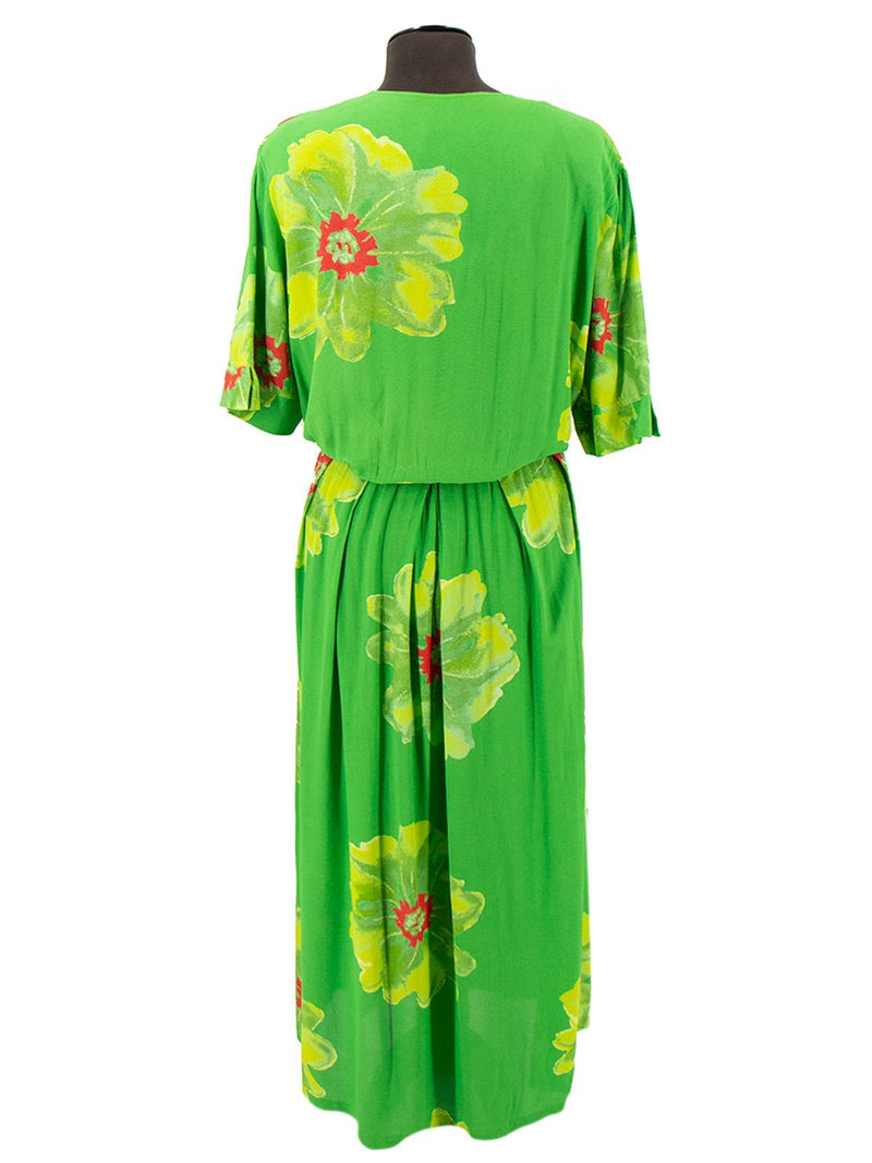 Vintage Green Floral Waisted V Neck Midi Dress