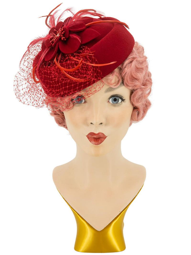 Red Vintage Style Feather Trim Pillbox Hat