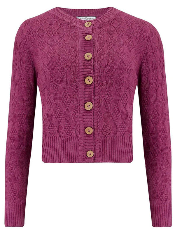 Plum Purple Vintage Style Diamond Textured Knit Cardigan