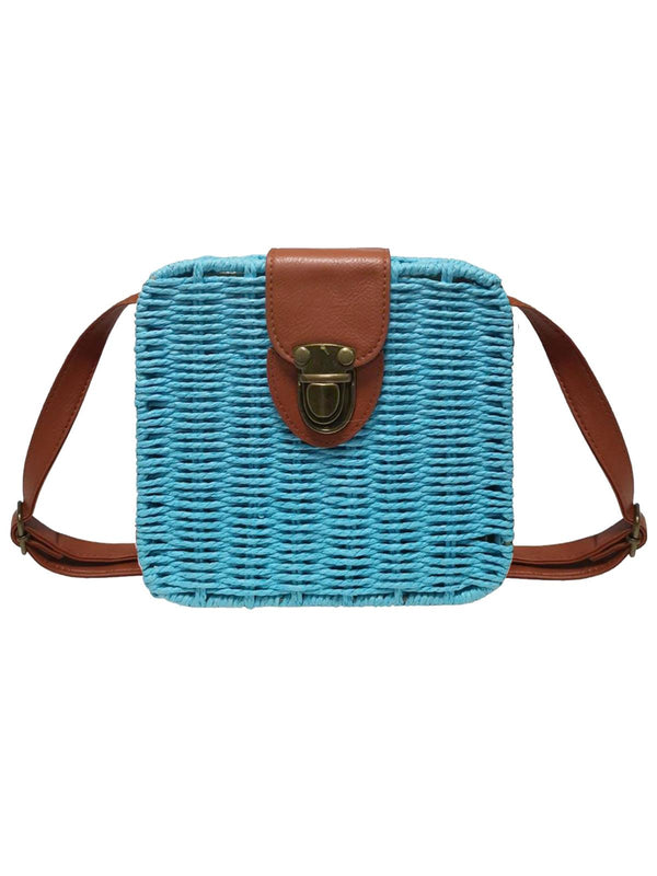Vintage Style Square Blue Straw Cross Body Bag